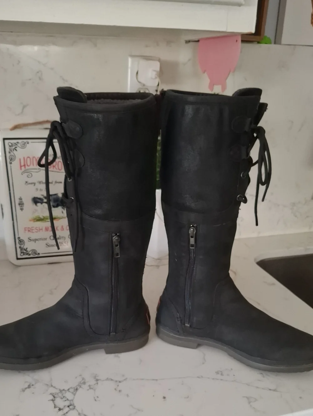UGG Waterproof  Womens Black Lace-Up Mid-Calf Boots with Side Zippers